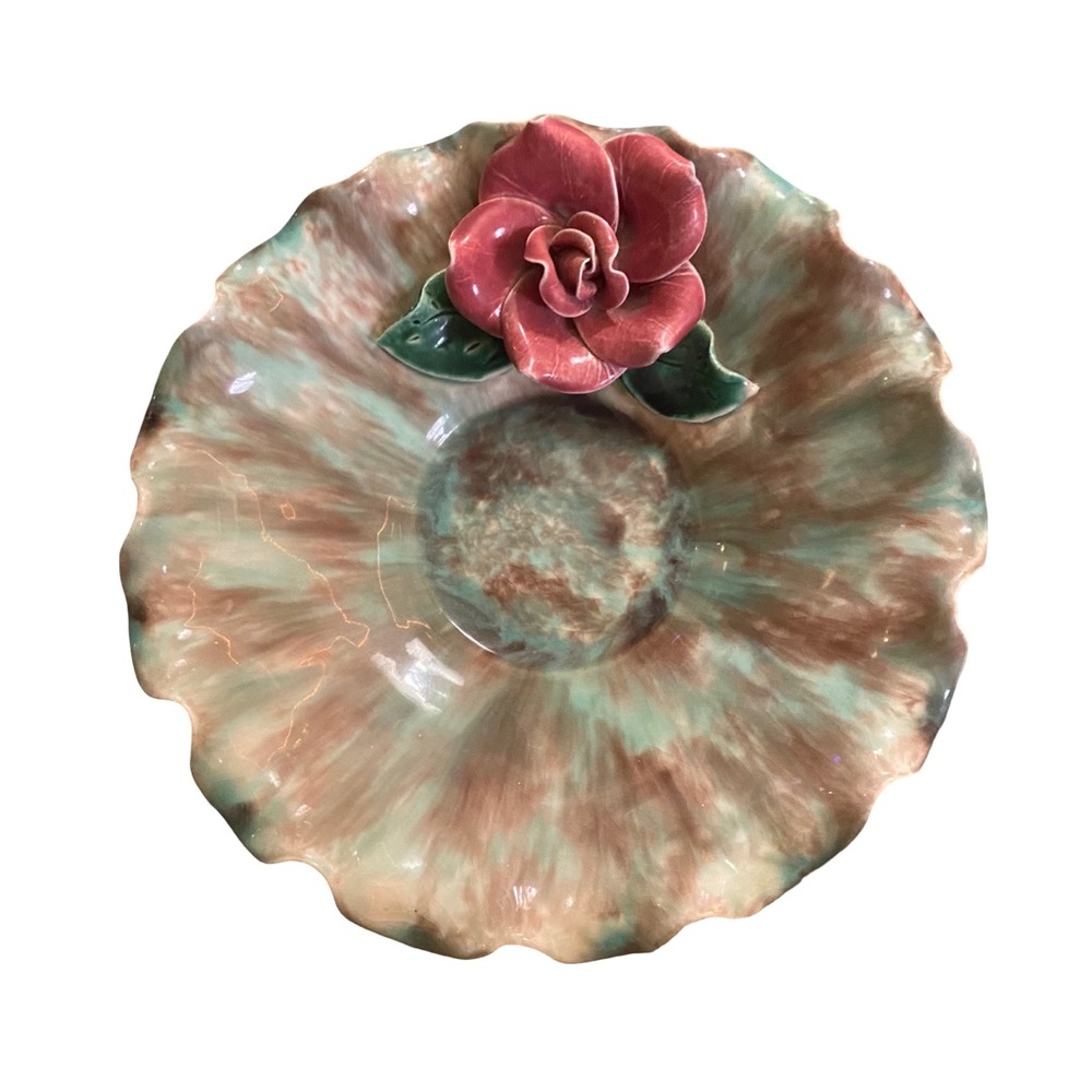 RARE‎ Vintage Scalloped Edge Green Dish w/ Red Rose Flower